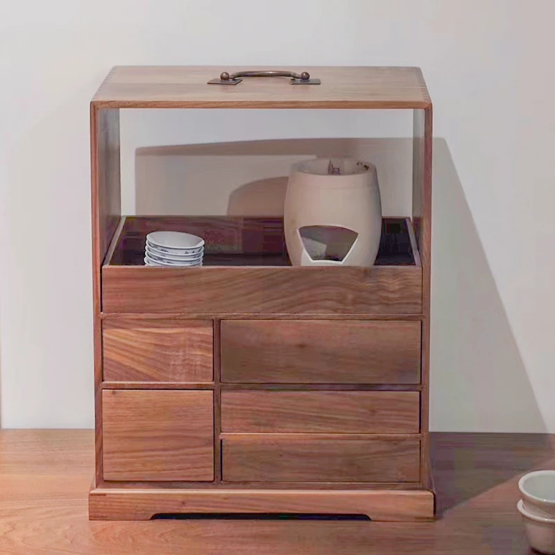 A table of tea with logs, Chinese style retro handicraft storage shelves, furniture, tea sets