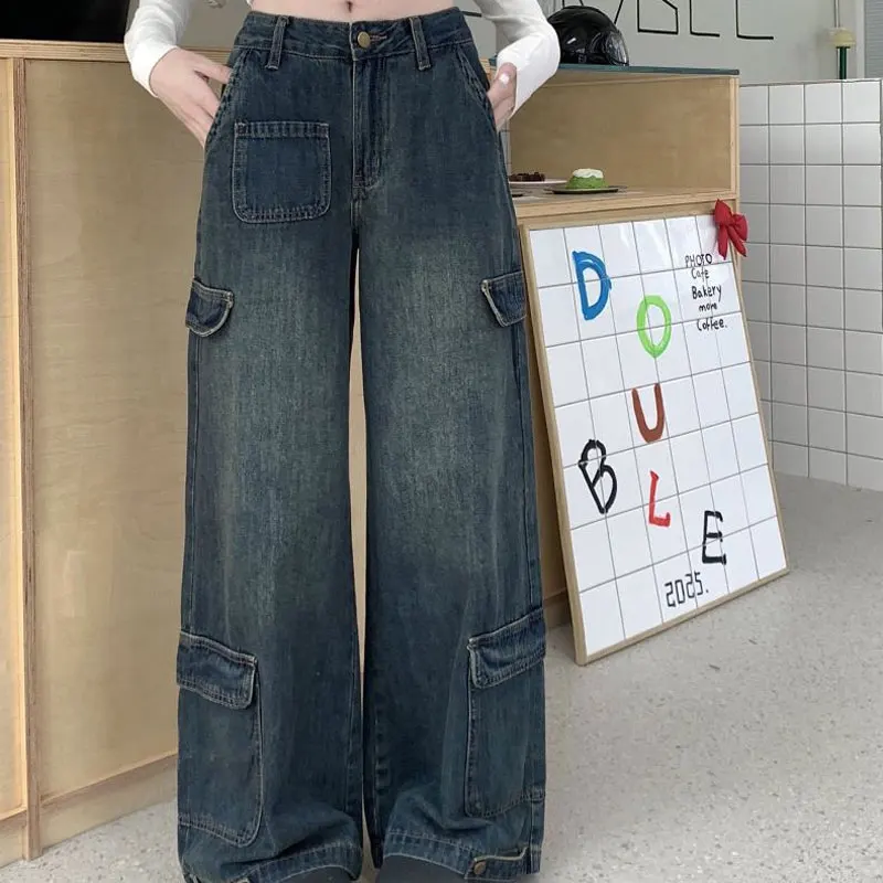 

Retro Safari Style Wide Leg Trousers Spring Autumn American Loose Denim Pants Women's Clothing Pockets High Waist Straight Jeans