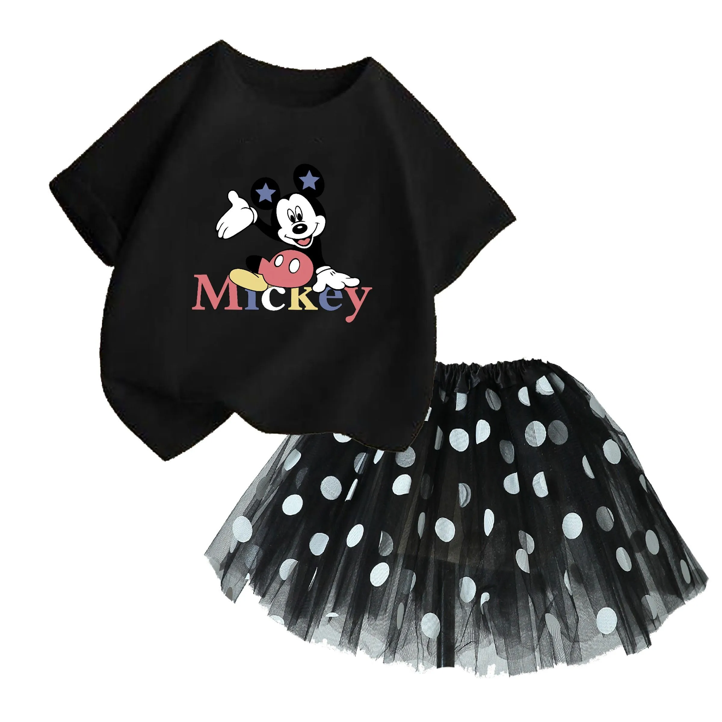 Summer Girls Disney Short Sleeve Top + Gauze Skirt Set Cartoon Cute Girls Princess Skirt Set Casual Set Girls Pompadour Skirt