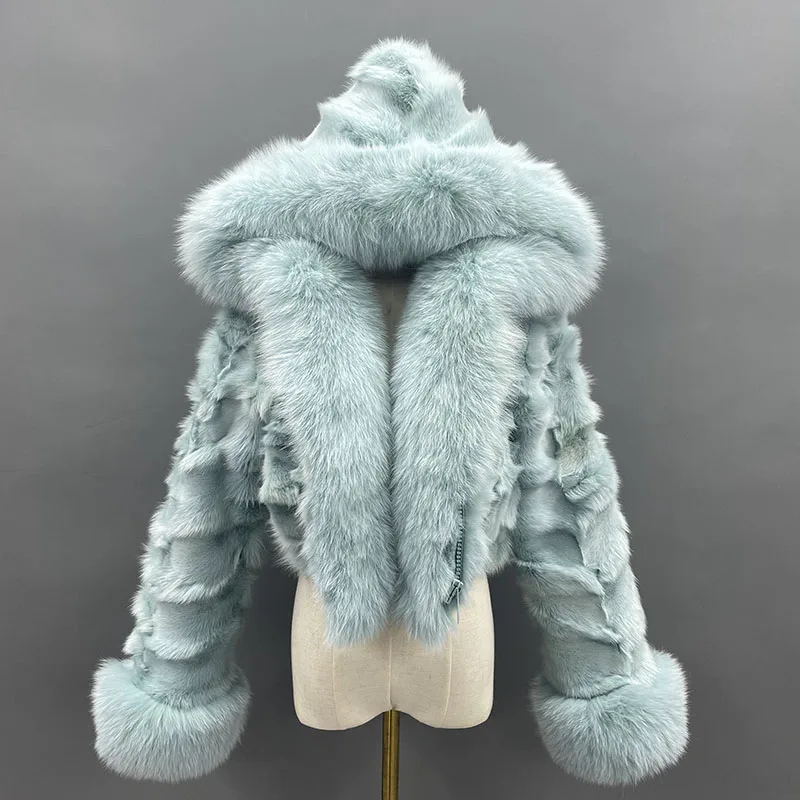 Women Winter Coat Warm Colorful Hooded Real Fox Fur Jacket Women High Quality Fox Fur Crop Top Ladies  Short Style Thick Fluffy