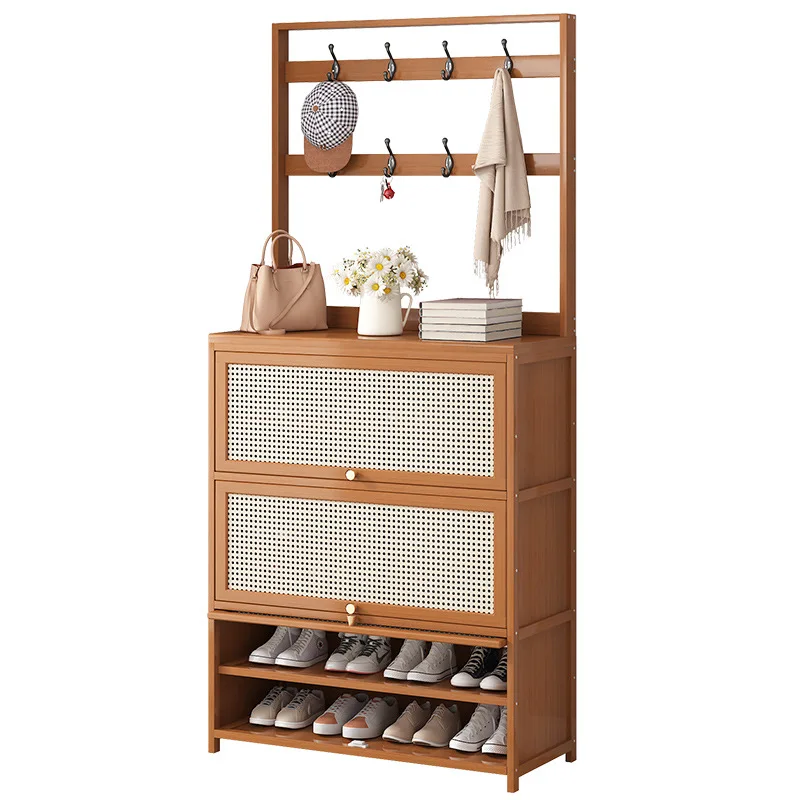

Rattan breathable flap door shoe cabinet hanger integrated household door multi-functional shoe rack solid wood storage cabinet