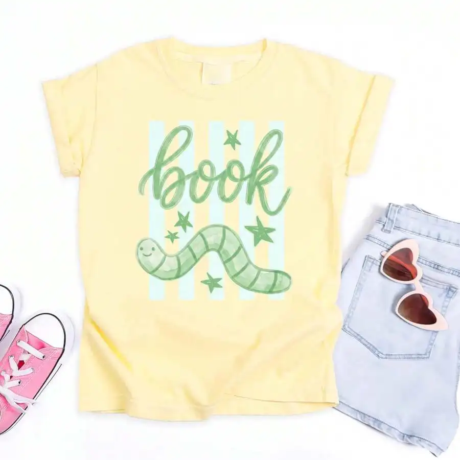 Women's Cute Bookworm Graphic Tee Kawaii Book Letter Print Crewneck Short Sleeve Back To School Reading Aesthetic Casual Top Summer Daily Gift Idea