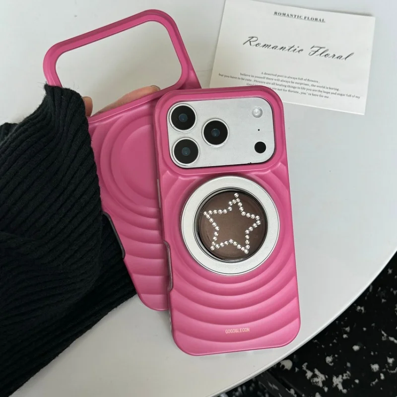 

Simple Solid Color Wave Ripple Texture Magnetic Phone Case For iPhone 17 16 Pro 15 14 Pro Max Cover with Star Stand For Magsafe