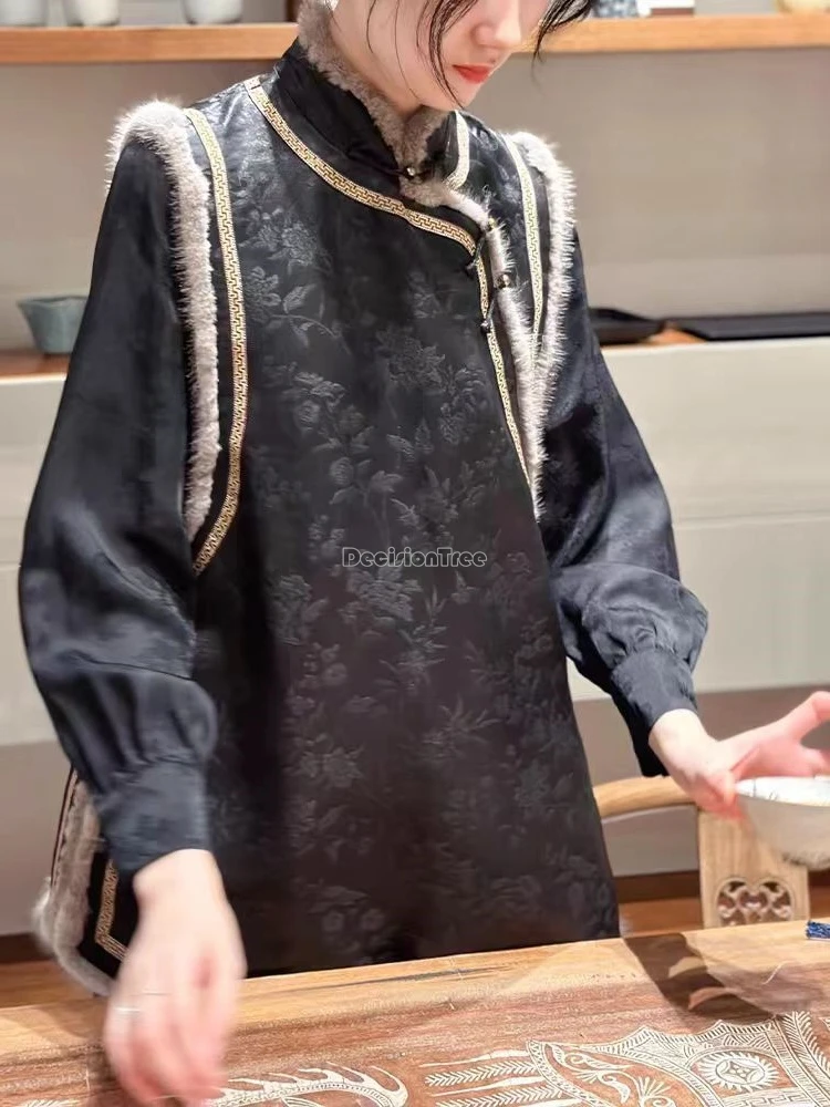 

2025 winter new chinese national ancient style black fringed patchwork design tang suit vest for women sleeveless cheongsam vest