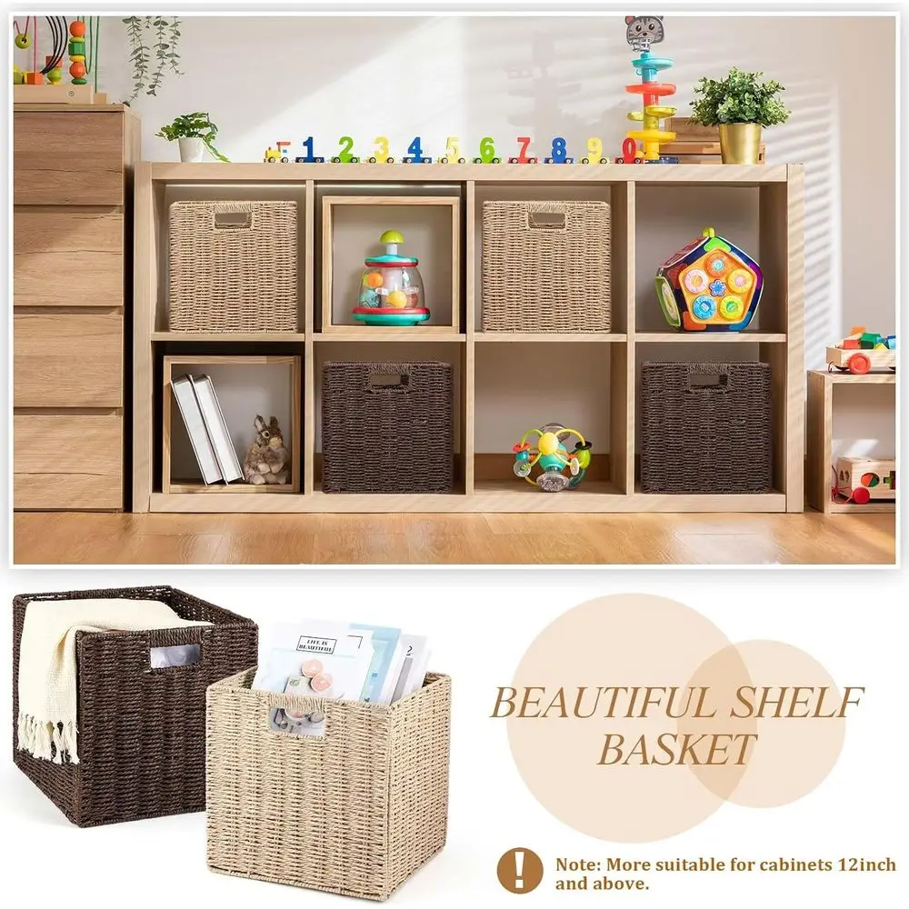 12-Pack Foldable Wicker Storage Baskets, Beige & Brown, 11 with Handles for Home Organization