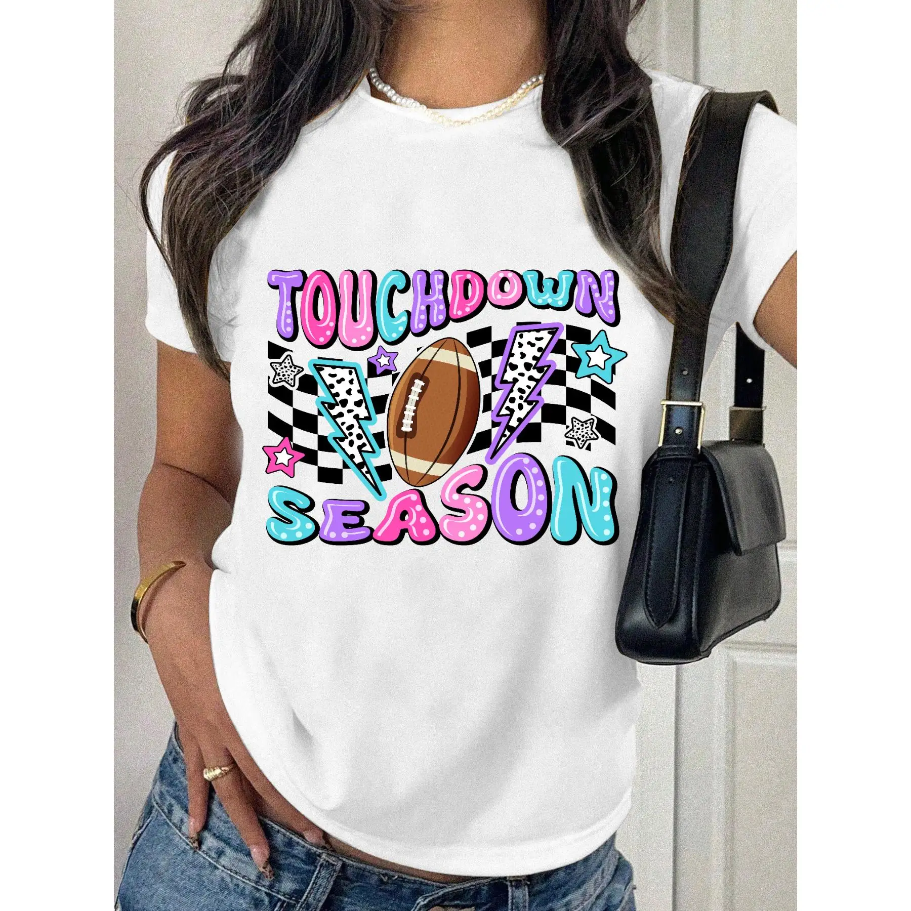 

TOUCHDOWN SEASON Football T-shirt, Vintage Girls Sports Tee, Checkered Cute Football Gift, Women's Fall Game Day Top