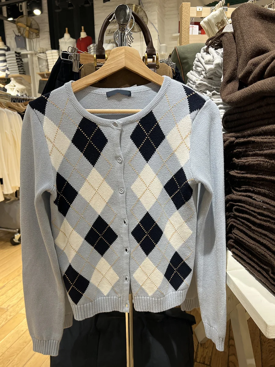 Cardigan de malha fino xadrez irregular feminino outono em torno do pescoço único breasted camisola estilo preppy casual manga longa malhas