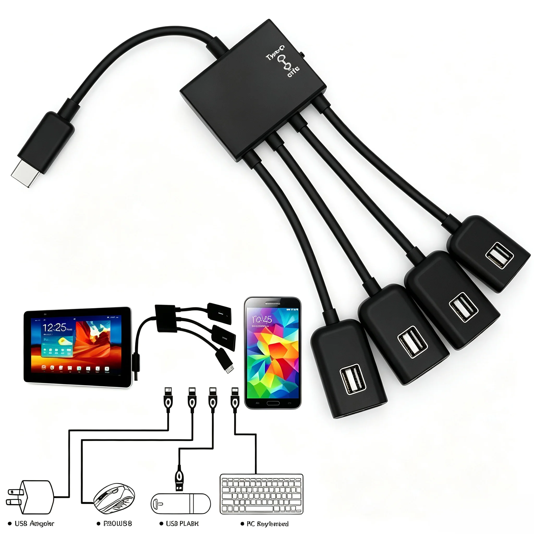 Type-C Multi-Function Expansion Hub 4-in-1 OTG HUB with Data Sync & Charging for MacBook Pro Apple USB-C Devices.