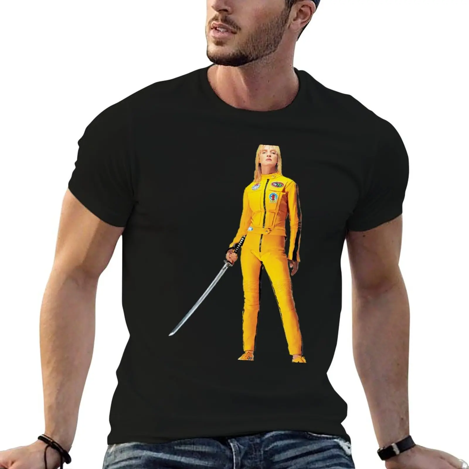 男-キル・サーアマン-フォー・ティーシャツ-クエンティン・タランティーノ-ブラック-アイコニックtシャツ-剣-ウマ・ビル・マンバ-ブライド-イエローシャツ-ブロンド-ザ