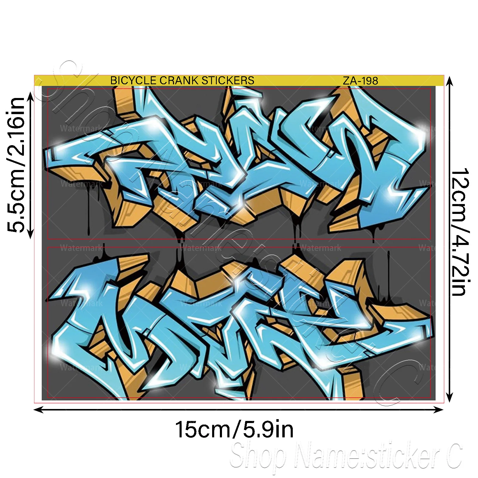 1Pair 2D Flat Blue‑Gold Graffiti Vinyl Sticker, Waterproof Decal for MTB Road Bike Crank Arm, Holiday Gift