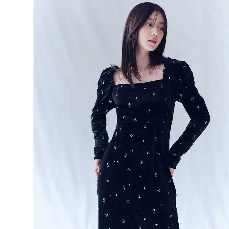 

Элегантное бархатное платье Dr Torowee 26 New Sle с вышивкой, классическое, женственное, с длинными рукавами, версия H, из полиэфирного волокна