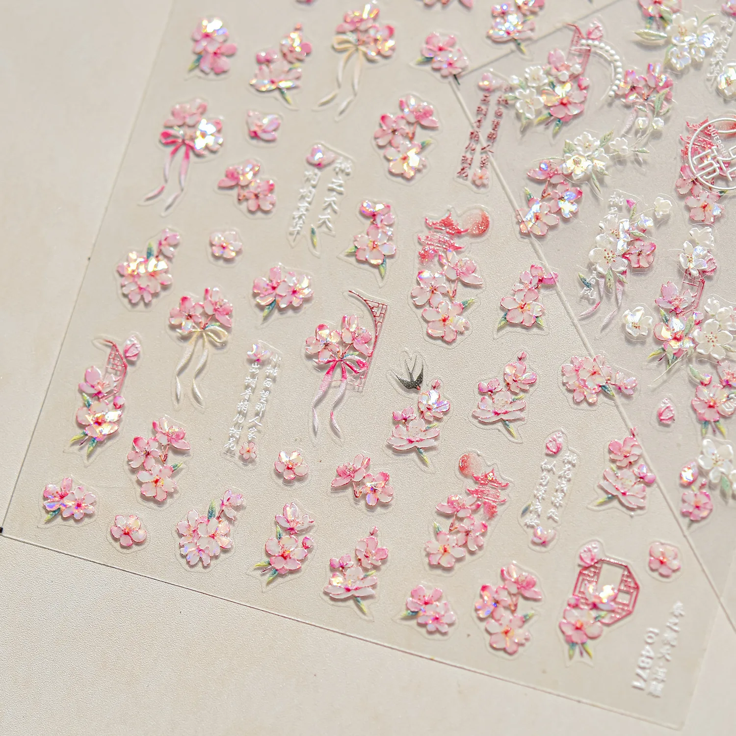 Swallow Window Pattern Peach Blossom Flower Antique Pear Blossom Adhesive 5D Nail Art Stickers Spring Manicure Decals