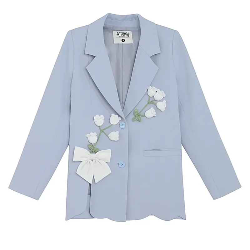 

2026 Spring Autumn Women Blazers Coat New Blue Art Style Commuting Suit Coat Three Dimensional Flower Suit