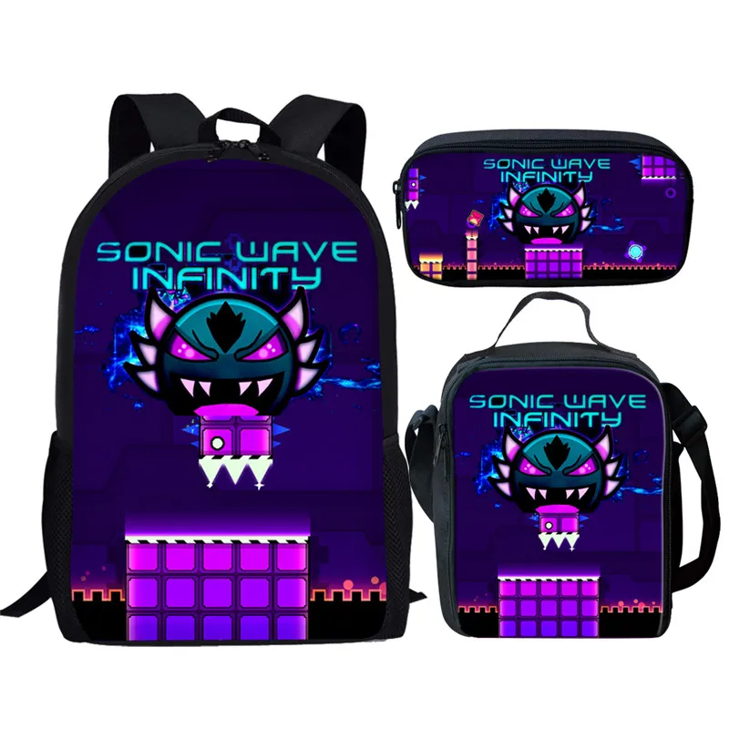 Cartoon Geometrie Dash Print 3 Stück Schult asche Set für Teenager Mädchen Jungen Kinder Rucksack Student Buch Tasche mit Lunch Bag Bleistift Tasche