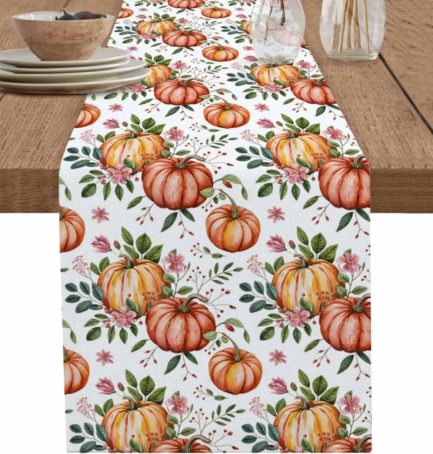 Autumn Pink Flowers Pumpkins Linen Table Runner Wedding Party Decor Fall Folwers Leaves Table Runners Kitchen Dining Table Decor