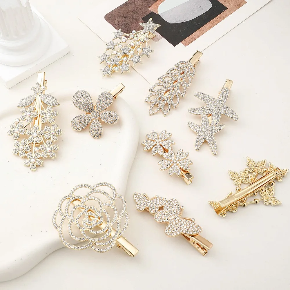 Women Shiny Crystal Hair Clips Fashion Metal Barrettes Hollow Out Flower Leaf Star Hairpins Simple Bobby Pin Duck Clips Headwear