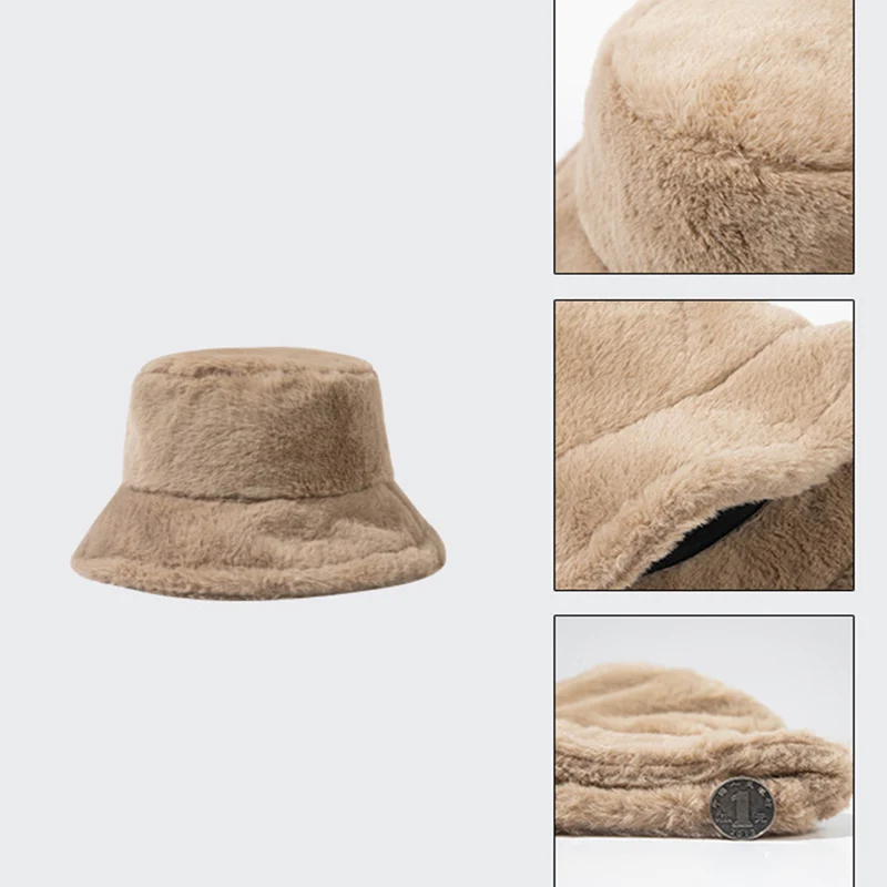 Soft Winter Plush Warm Bucket Hat For Women Girl Solid Color Fordable Wide Brim Panama Cap Outdoor Windproof Tour Basin Hats