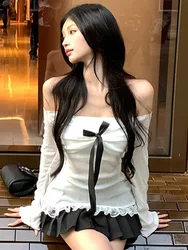 Fashion Mesh Streetwear Sexy Casual Shirts For Women White Long Sleeve Drop Sleeves Y2k Top Bow Lace Up Slash Neck Women Clothes