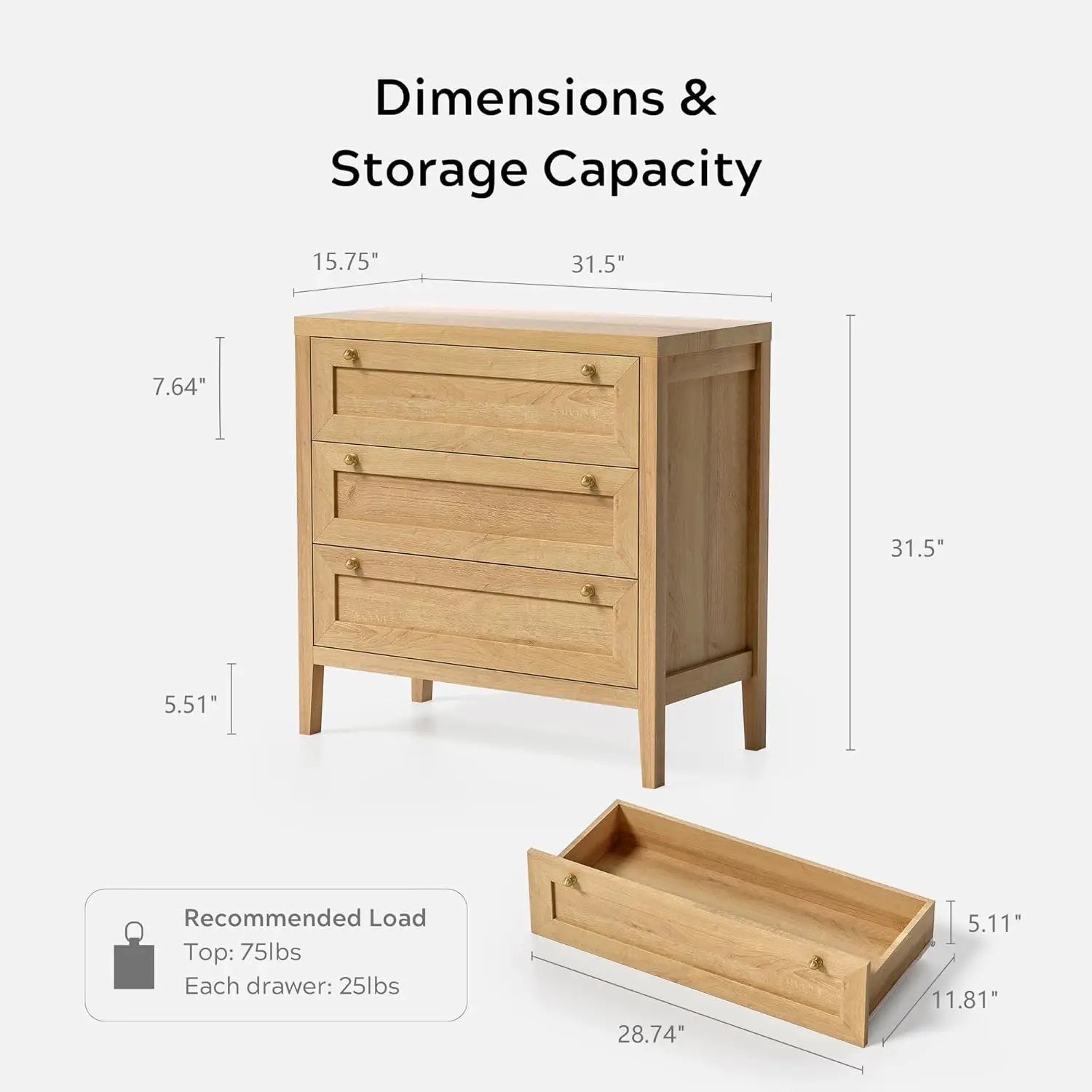 3 Drawer Dresser Set of 2 for Bedroom, Modern Chest of Drawers with Golden Handles, Wood Tall Nightstand, Natural Oak