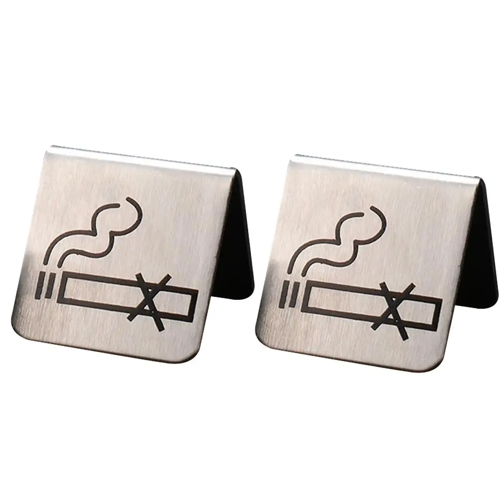 2 PCS Stainless Steel Non-smoking Sign Cigarette Double Side The Table Tent Desktop