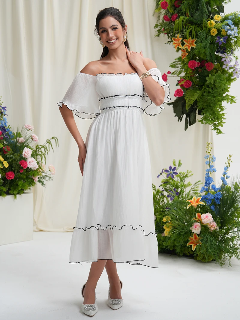 

Sexy Off Shoulder Long Dresses Women Elegant Backless See Through Prom Dress White Blue Short Sleeve Summer Dress For Women 2025