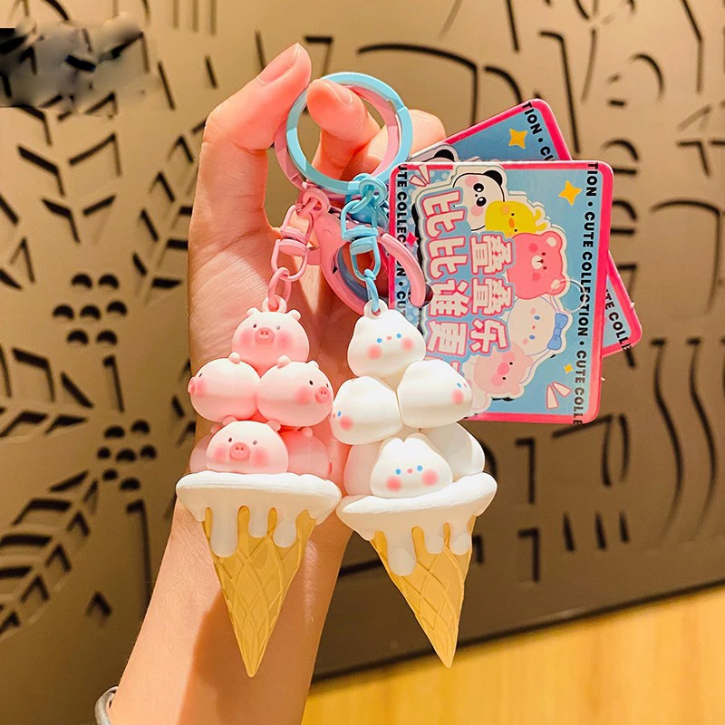 Summer Cartoon Ice Cream Key Chain Cute PVC Frog Rabbit Panda Pig Animal Keyring Bag Pendant Keyfob for Women Couple Kids