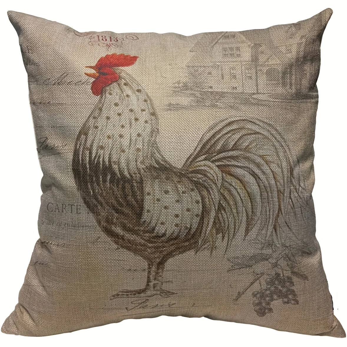 Beige Chicken Rooster Farm House Pillow Cover Square Linen Cushion Cover, Home Decor, Collectible Buildings Accessories