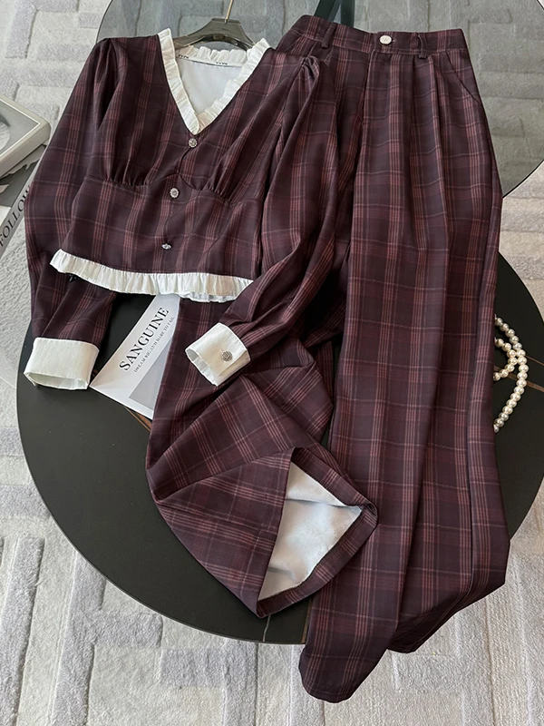 

Модный молодежный комплект: женский топ с V-образным вырезом и длинными рукавами в клетку, брюки с широкими штанинами, костюм-двойка в винтажном стиле, весенняя коллекция