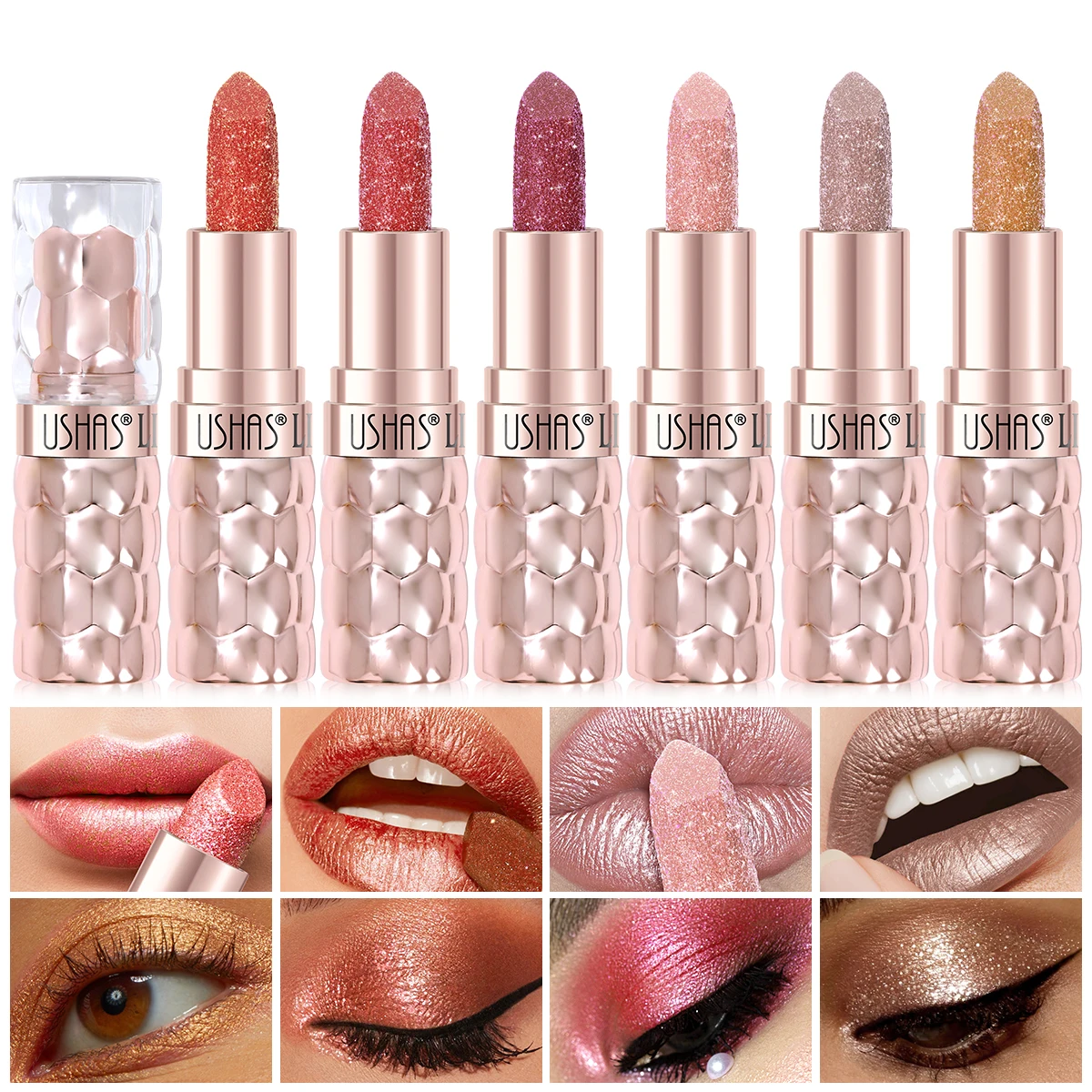 USHAS 12 Colors Glitter Lipstick Long Lasting Diamond Pearlescent Metallic Lipsticks For Christmas Moisturizing Lip Makeup