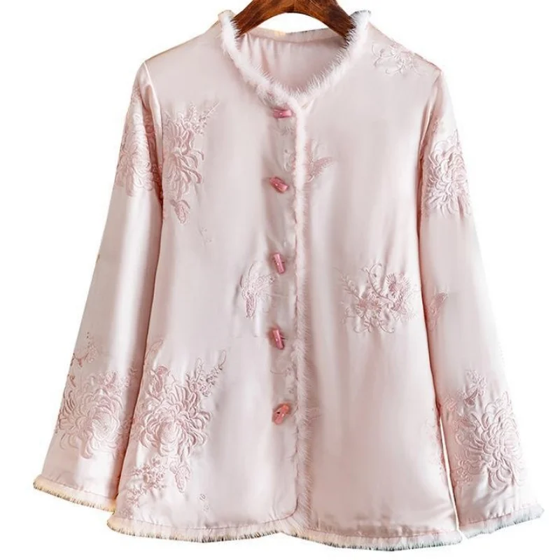 Chinese Stijl Borduren Splicing Bont Zijden Jas Vrouwen Herfst Winter High End Single Breasted Katoen Dames Outerwears