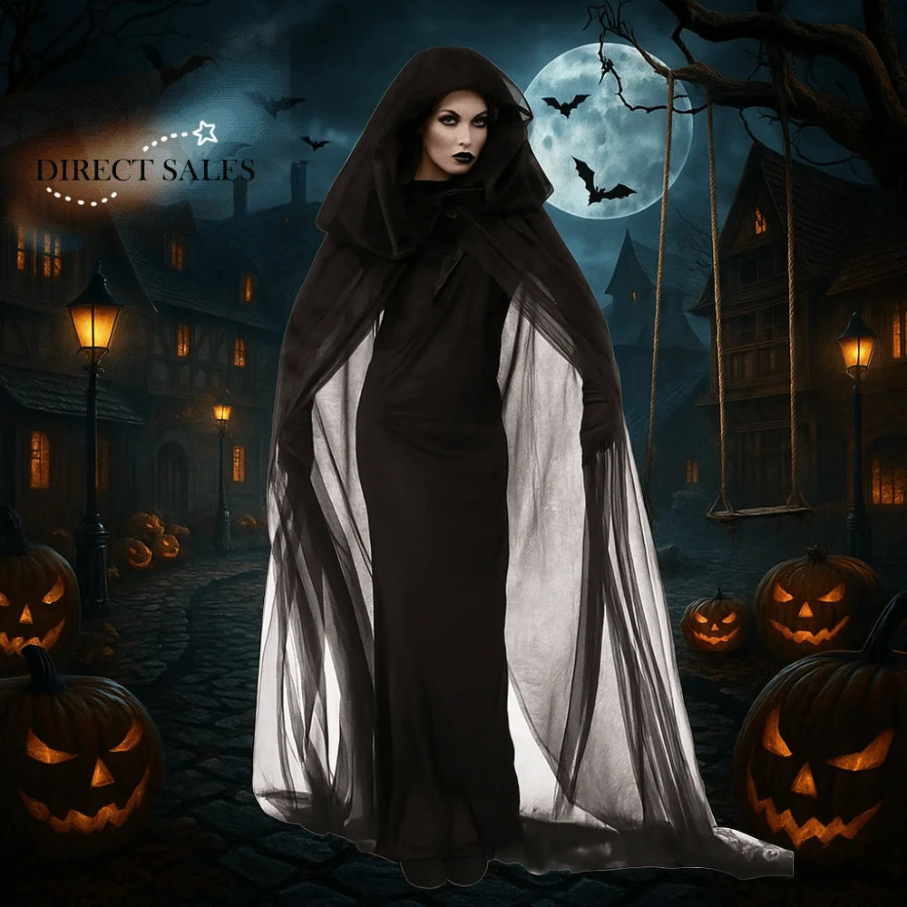 

Simple Transparent Mesh Ghost Cloak Lace Up Dress Up Women Halloween Costume Cosplay Accessories Hooded Cloak Children