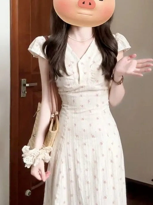 

Floral Print V-Neck Dress Women's Summer New Style Small Size Beach Vacation Slimming Long Dress Korean Style Commute Dress