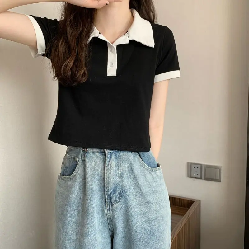 Summer 2026 Women New Arrival Slim Fit Versatile Polo Collar Color Block Short T Shirt Short Sleeve Unique Top Ins Trendy