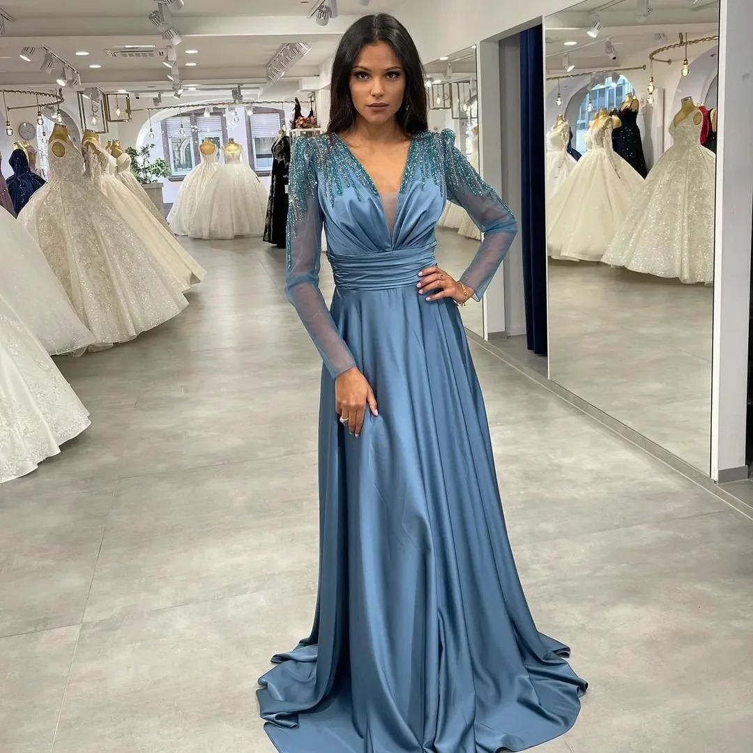 

Prom Dresses Long Sleeves V Neck Satin A Line Formal Evening Gowns Elegant Women Special Occasion Prom Party Dress Custom Made