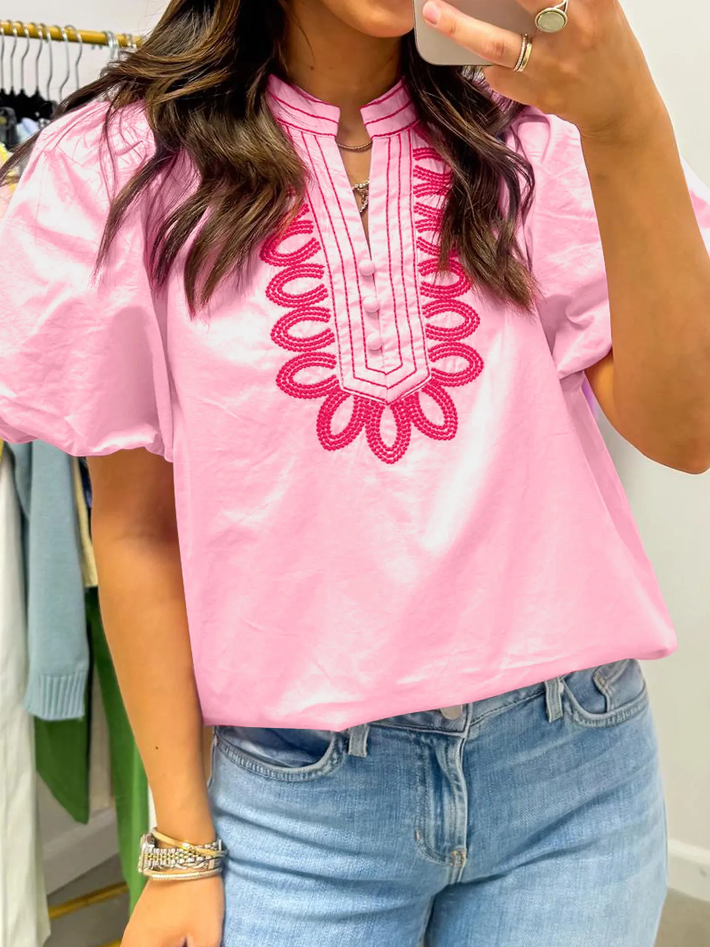 

DearLover Slimming V-Neck Bubble Sleeve Shirt Women's Summer New Loose Overhead Embroidered Cotton Casual Style Fashion