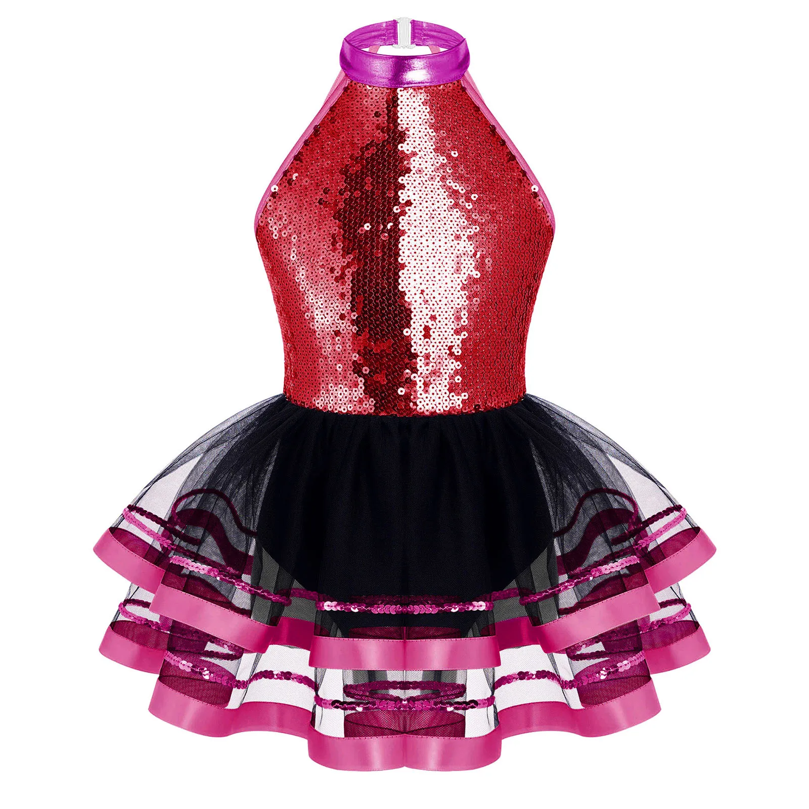 Glitzerndes Pailletten-Ballett-, Jazz- und Stepptanzkostüm für Mädchen, mit Neckholder-Oberteil und mehrlagigem Tüllrock für Wettbewerbe. – Detail 22