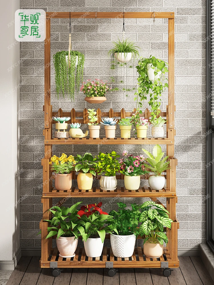 Balcony hanging flower rack, living room floor-to-ceiling mobile succulent flower pot rack, new solid wood