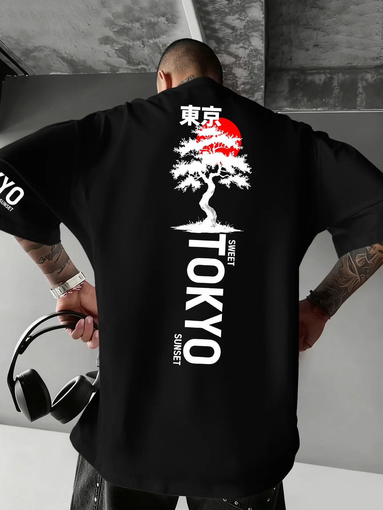 Men Oversized Streetwear T‑Shirt Japanese Tokyo Bonsai Graphic Back Print Drop‑Shoulder Casual Short Sleeve Tee