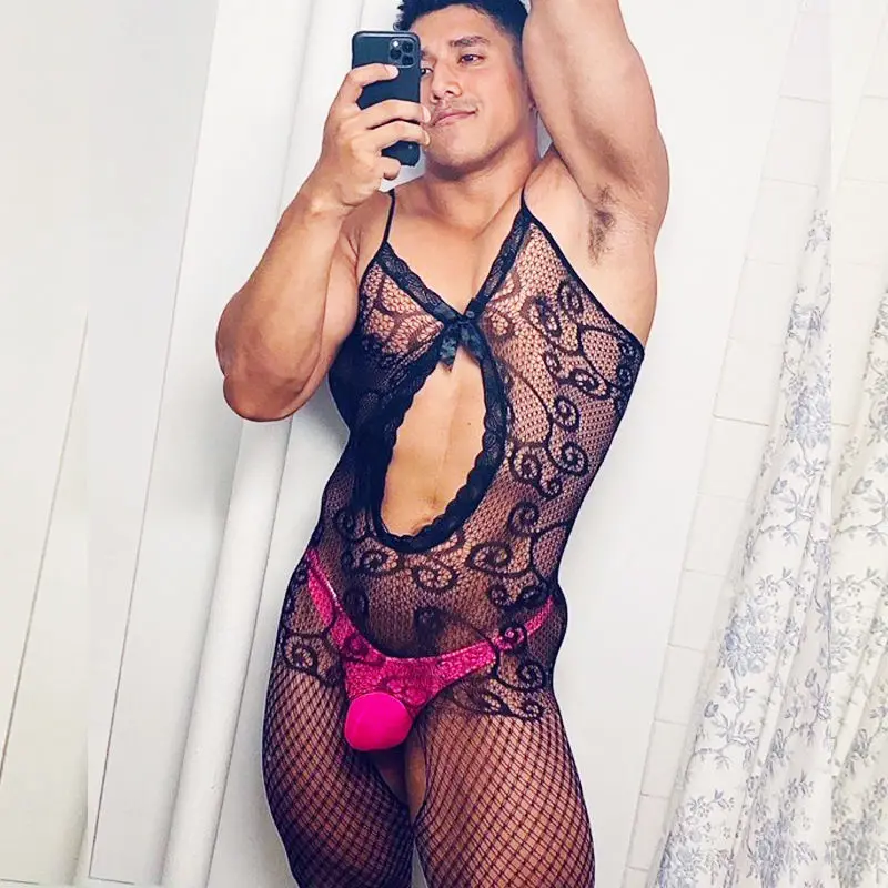 Hot selling men\'s sexy and seductive lingerie, jumpsuit, mesh shirt, hollowed out fake female male model, gay clothing