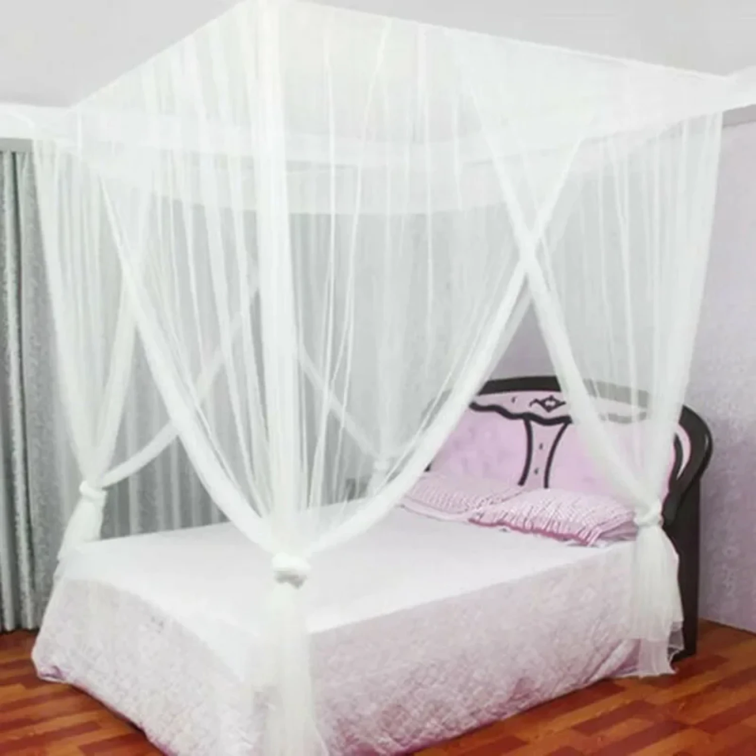 Elegant Outdoor White Square Canopy Net for Single Bed or Double Bed, with Four Doors to Keep Sexy Mosquitoes Out and Ensure Ins