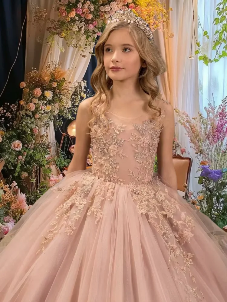 Quality Flower Girl Dress Gorgeous Pink Tulle Puffy Appliques for Wedding Little Kids Birthday Party Banquet Princess Gowns