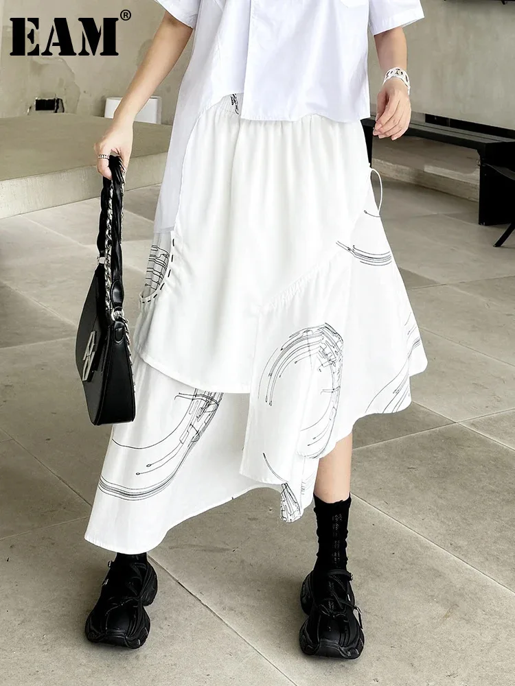 

[EAM] High Elastic Waist White Irregular Printed Double Layers Half-body Skirt Women Fashion Tide New Spring Autumn 2024 1DH5572