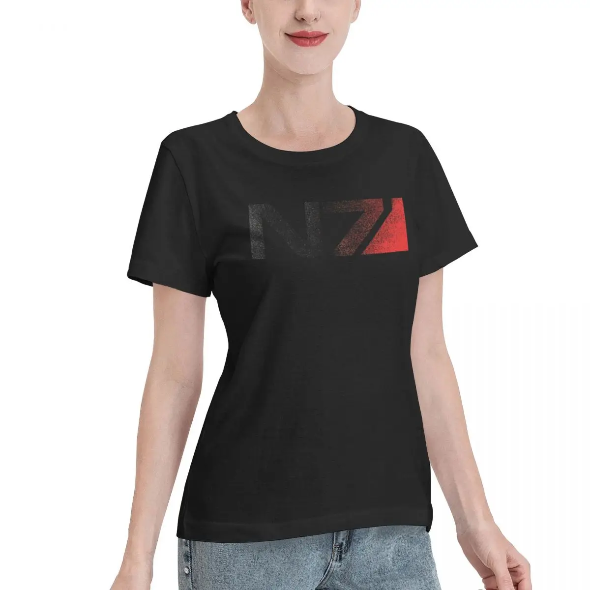 Women's Basic Short Sleeve T-Shirt Mass Effect N7 Distressed Logo Throw Blanket For RetroHigh quality Hipster Funny Novelty