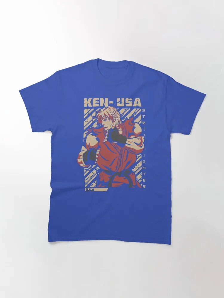 Street Fighter Ken USA Retro Print T-shirt Men Arcade Game Short Sleeve Trendy Pure Cotton Loose Casual Streetwear Top