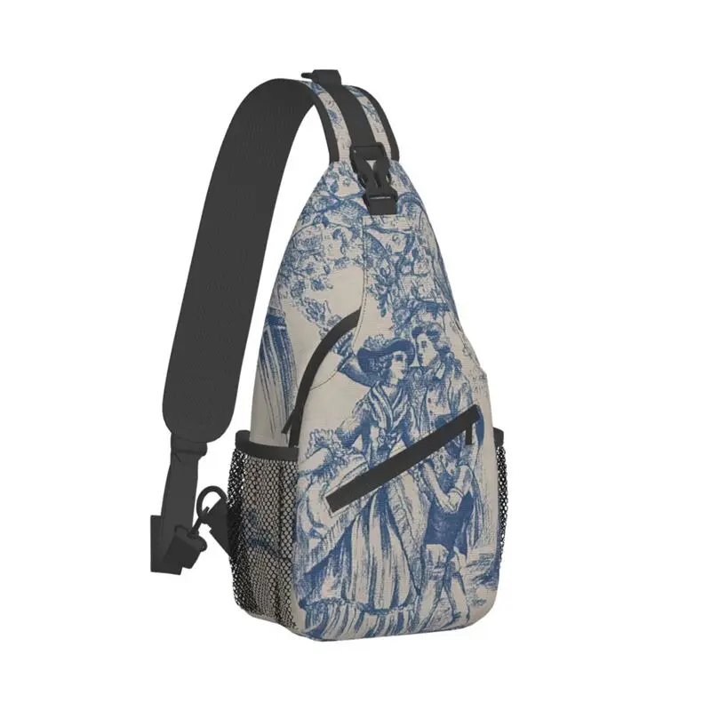 

Fashion Vintage France Navy Blue Toile De Jouy Motif Sling Crossbody Backpack Men Shoulder Chest Bags for Hiking