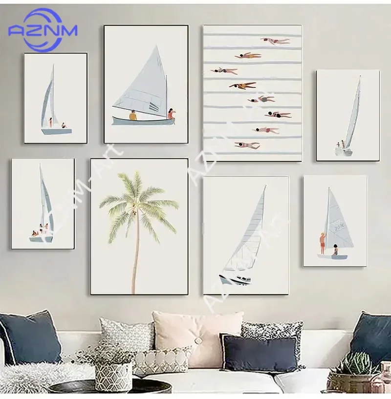 Minimalist Beach Ocean Floral Wall Art, Sailboat Canvas Painting, Pool Posters & Prints, Pictures for Living Room Decor