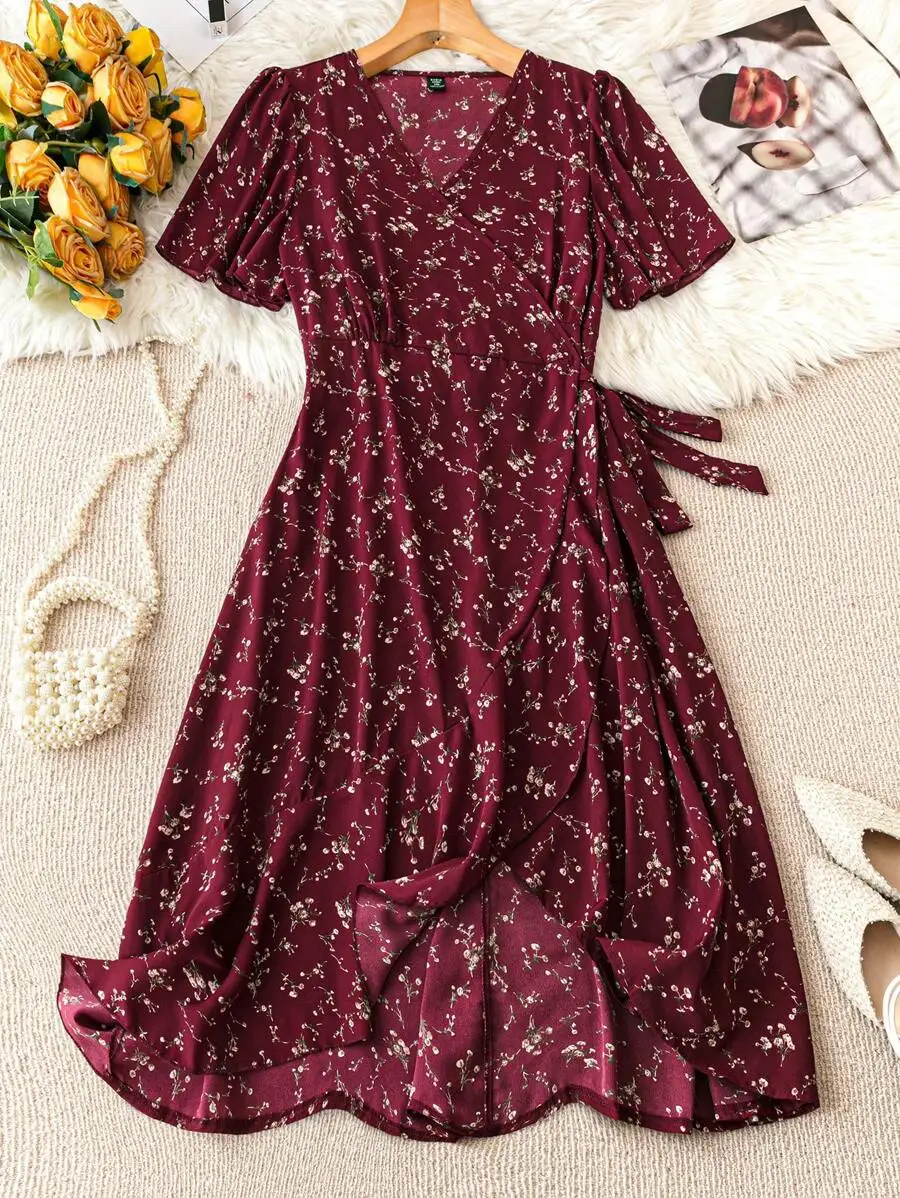 

Boho Ditsy Floral Print Butterfly Sleeve Belted Wrap Dress Maxi Women