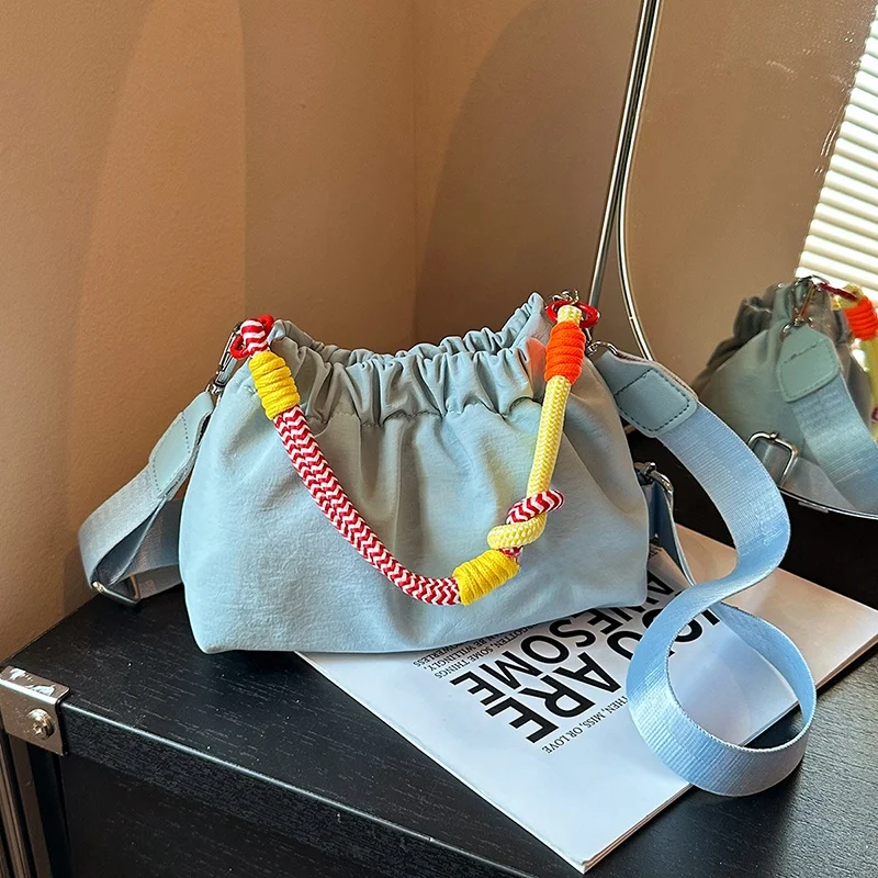 Casual Crossbody Bag Women's Single Shoulder Sling Bag Woven Handle Leisure Drawstring Cloth Bag Versatile Small Handbag