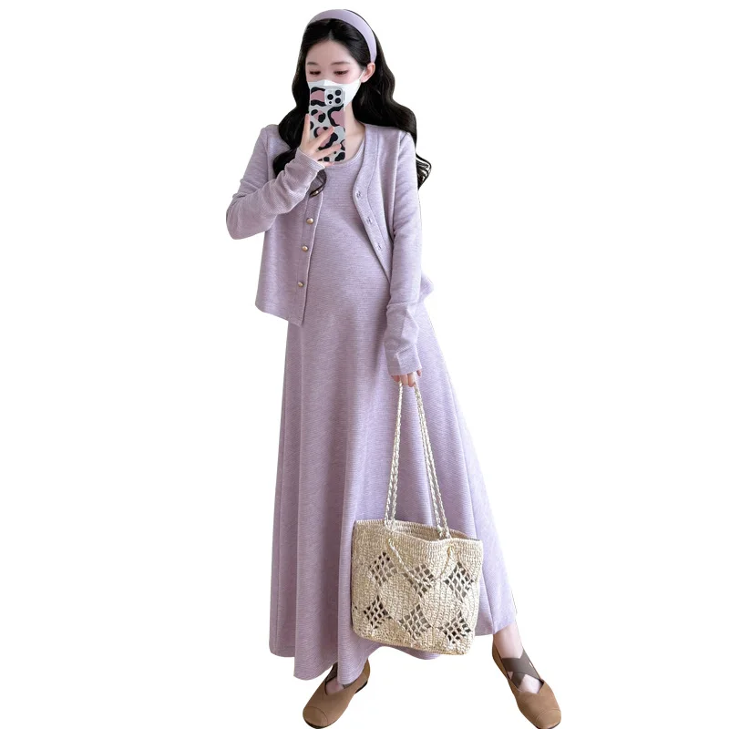 Elegante na moda vestido de maternidade conjunto para mulheres grávidas moda waffle malha duas peças roupa elegante outono gravidez wear