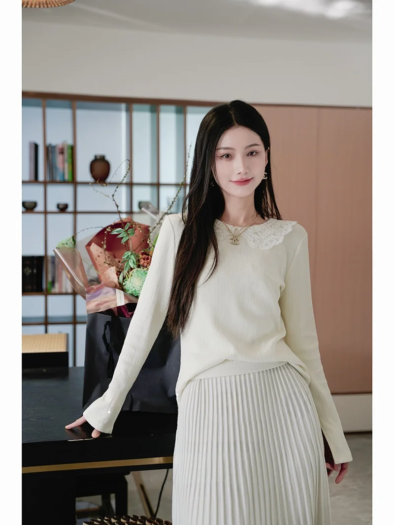 

Yang GZ XiaoXingFu New Chinese Design High Densi Knitted Lace Collar Base Layer Top for Women Original Design Slim Fit Long...